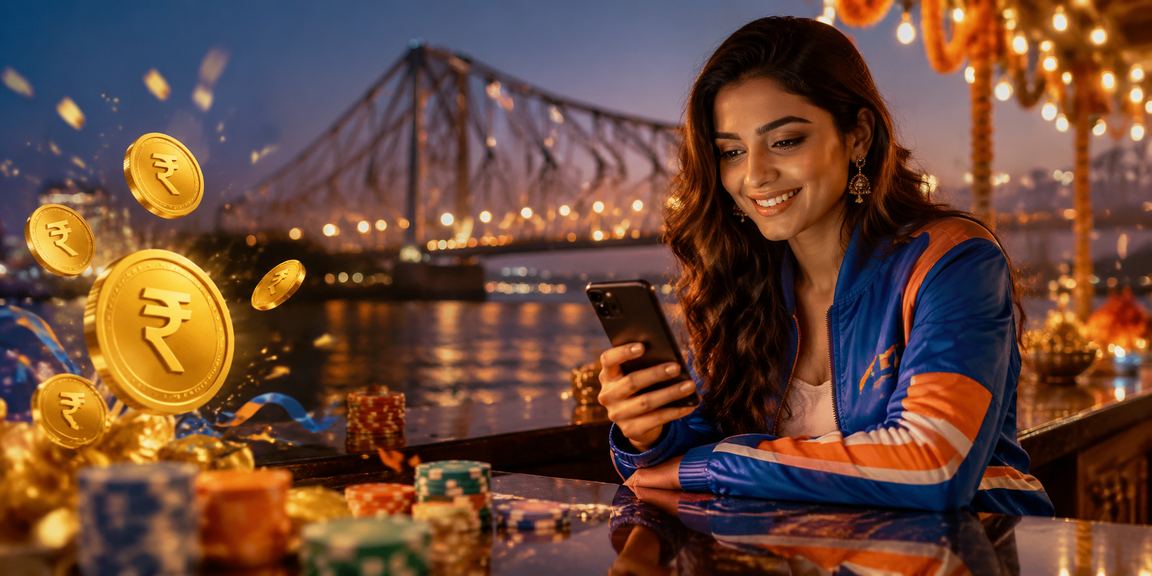 Kolkata Howrah Bridge lit at night with cricket betting rupee sign overlay