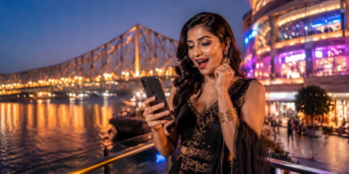 Kolkata Howrah Bridge glowing near mobile casino neon sign
